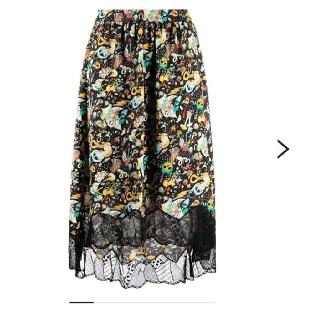 Zadig & Voltaire Skull Print High Low Midi Skirt Lace Hem Boho Gothic Designer - Picture 2 of 15